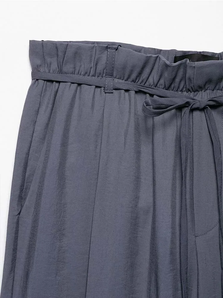 Pantalones rectos sueltos de verano para mujer, moda 20225, pantalones de calle elegantes con lazo y cordón en la cintura liso elástico para mujer