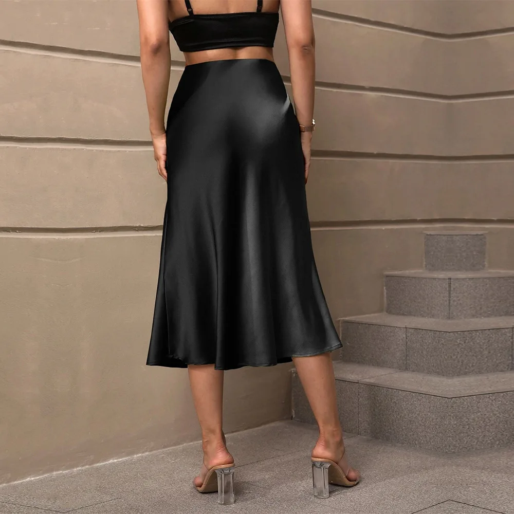 Elegant Satin Mid-Length A-Line Skirt Women's Pure Color Charming Style Cross-Border Fashion Fish-Tail Skirt for Autumn Winter