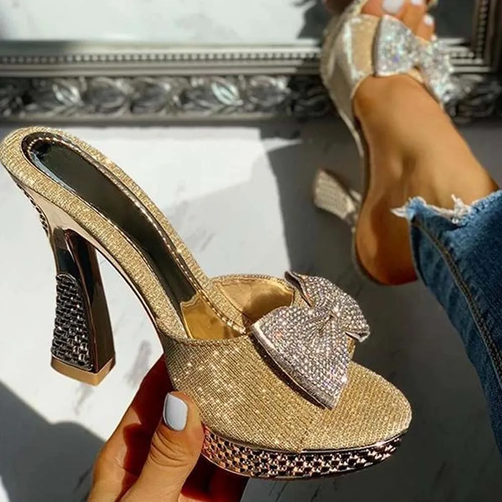 Trendy Fashion Female Bowknot Sexy Slippers 2022 Summer Slippers Women Platform Crystal Thick High Heels Shoes Woman