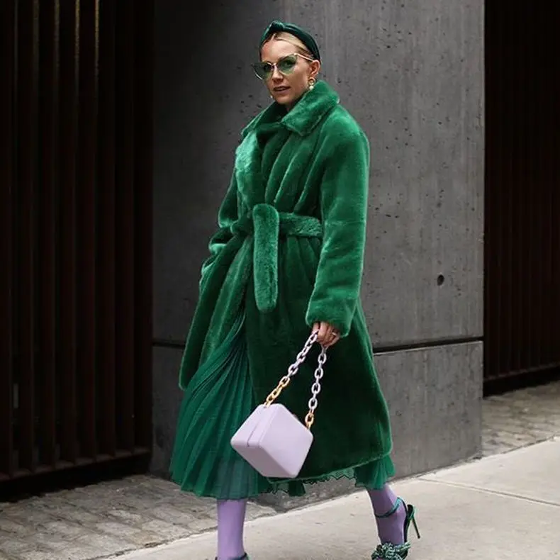 

Trendy Long Sve Faux Coat Women's Loose Fit Winter Outerwear With Belt Soft Plu Sle European Design Rabbit Fur