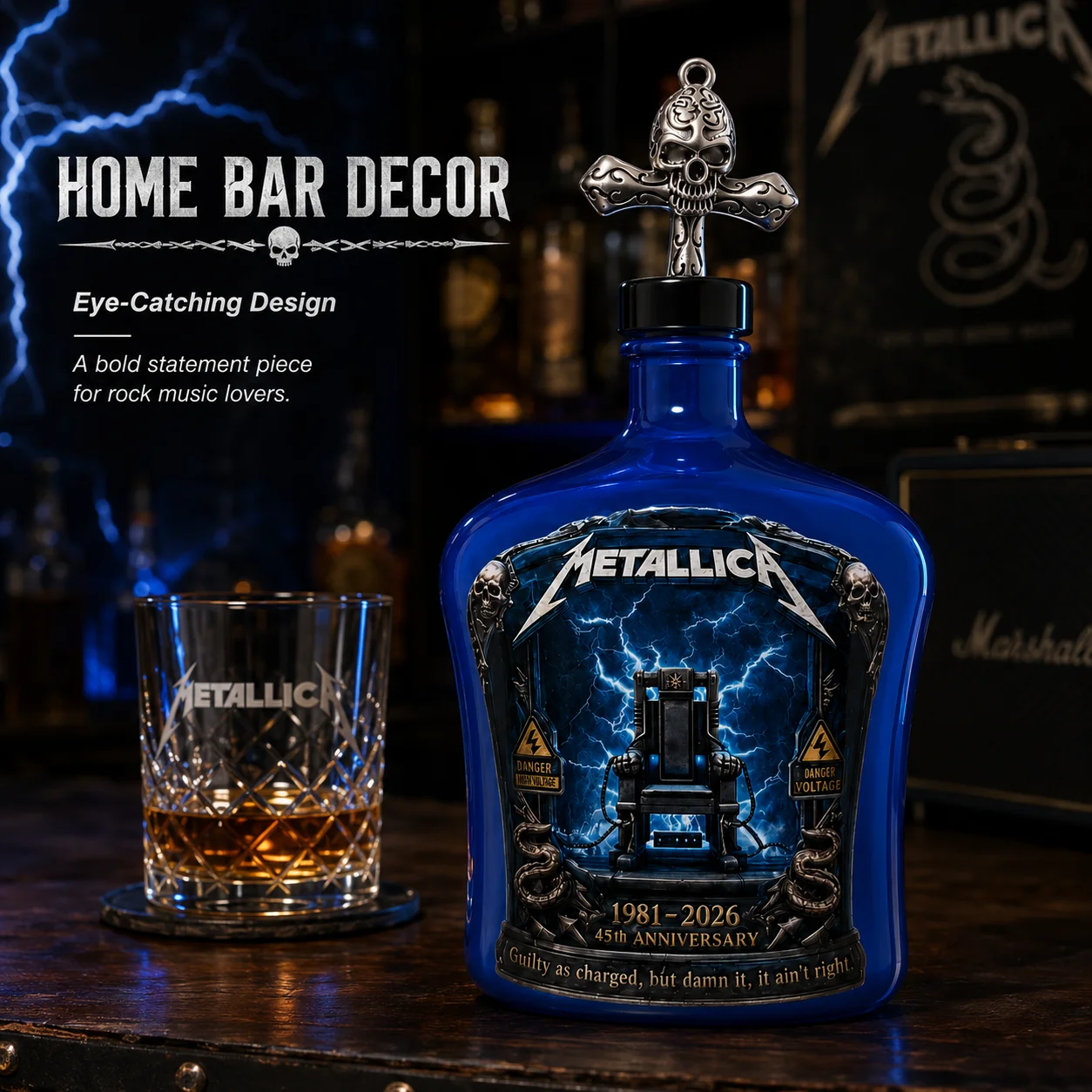 Metallica 45. Jubiläum Limited Edition Whisky-Dekanter - Rockband Sammlerstück Glasflasche mit Totenkopf-Kreuz-Dekor Geschenk