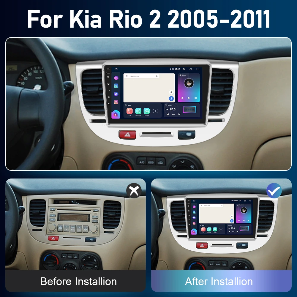 Podofo 8G+128G CarPlay For Kia Rio 2 2005-2011 Android Car Radio 4G Multimedia Player 2din Head Unit GPS Navi HiFi DSP Stereo