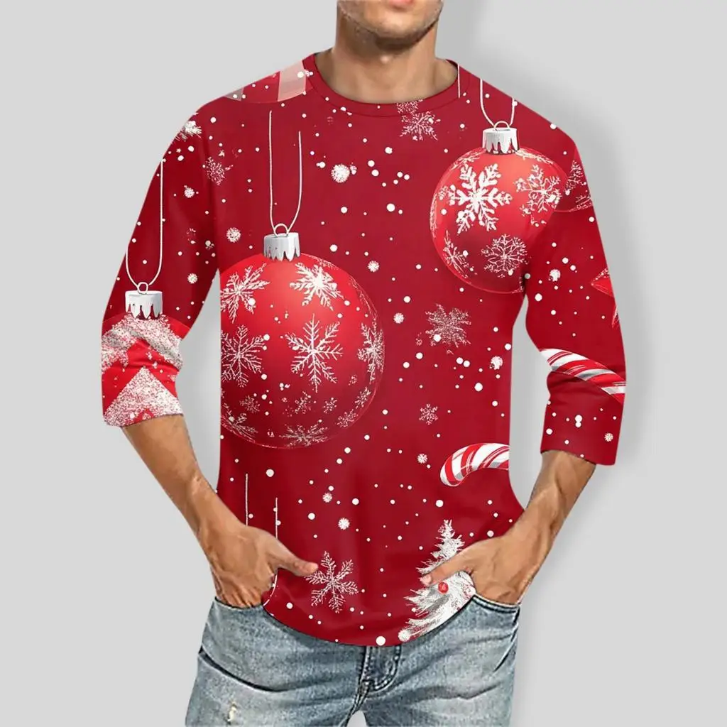 Christmas Men's 3D Snowflake Elk Printed Round Neck Long Sleeve T-shirt Casual Long Sleeve Top Party Loose Men's Top