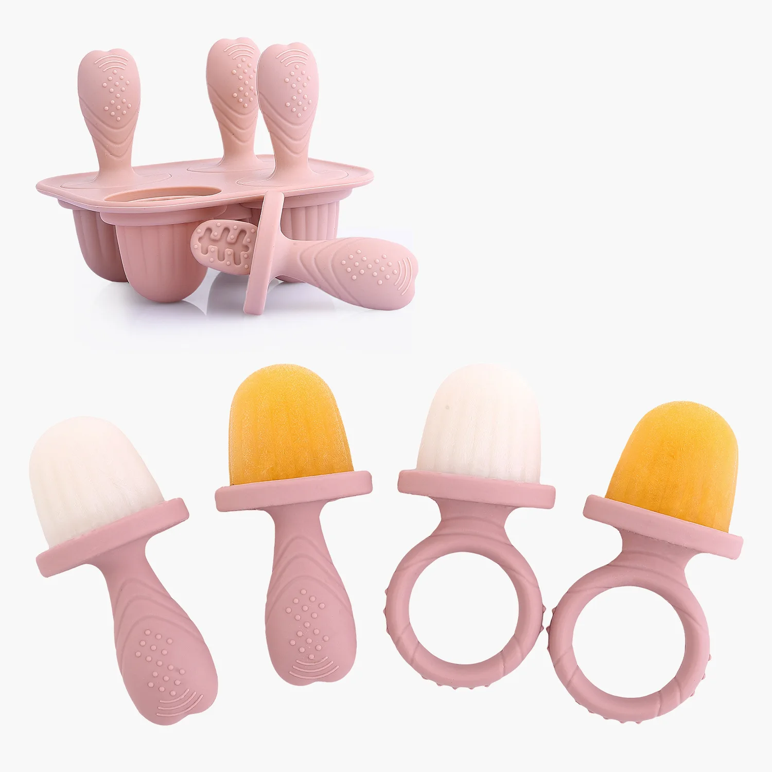 Molde de silicona para paletas, mordedor para la dentición del bebé con 4 agujeros, molde para helado de paletas, contenedor de almacenamiento de alimentos para bebés