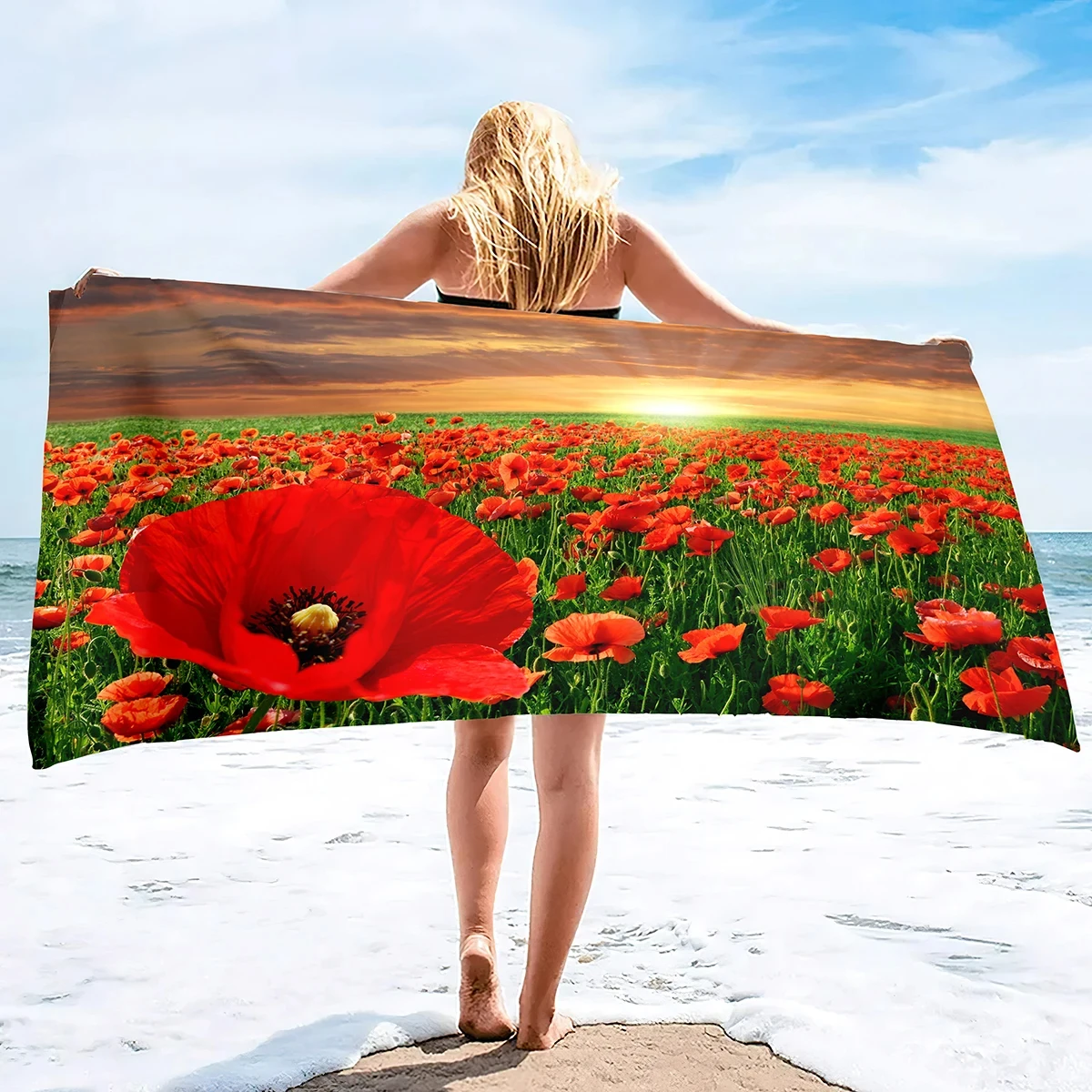 Red Poppy Flower Beach Towels Home Bathroom Sink Towel Wild Red Flower Print Water Sports Quick Drying Swimming Surf Towels