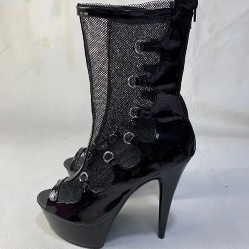 Black Mesh Cross Strap Platform Boots Mid Calf Thin High Heel Fashion 2023 Summer Casual Big Size Woman Shoes Zapatillas Mujer