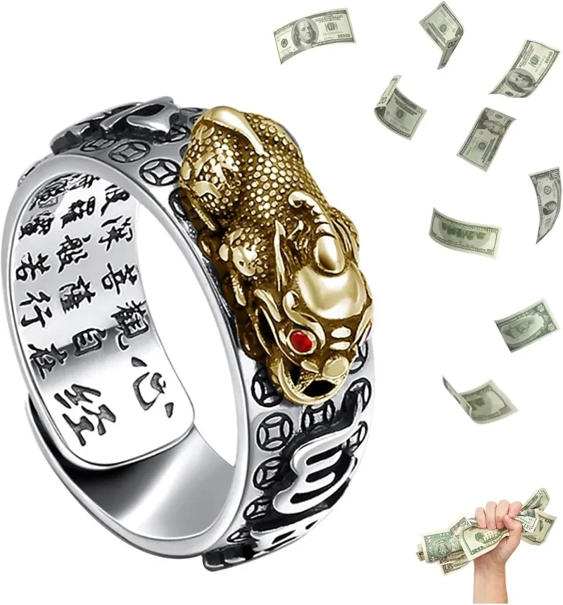 

Pure Silver Jewelry Gemstones Pixiu Ring Men's Retro Six Character Mantra Personality Heart Sutra Engraving Women's Rings