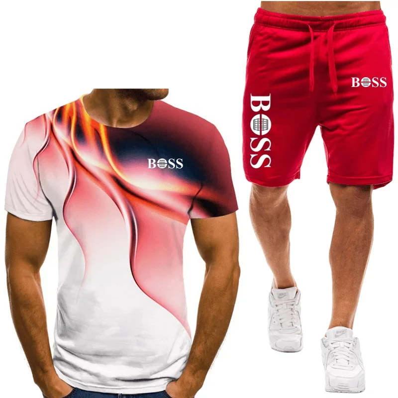 Men\'s T-shirt and shorts set, running fashion printed short sleeved sports T-shirt, summer 2024