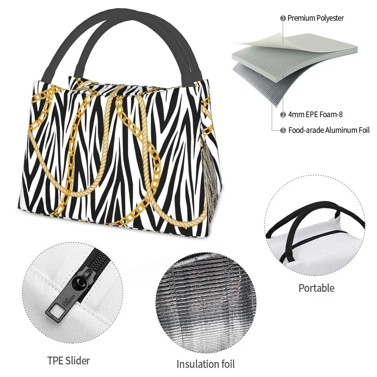 Gold Chains Lunch Bag For Child Zebra Striped Lunch Box Fashion School Cooler Bag Portable Oxford Thermal Lunch Bags