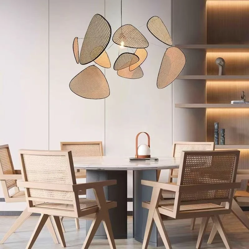 Japanese Style Rattan Chandelier, Creative Leaf Wicker Pendant Light For Home Living Room Bedroom