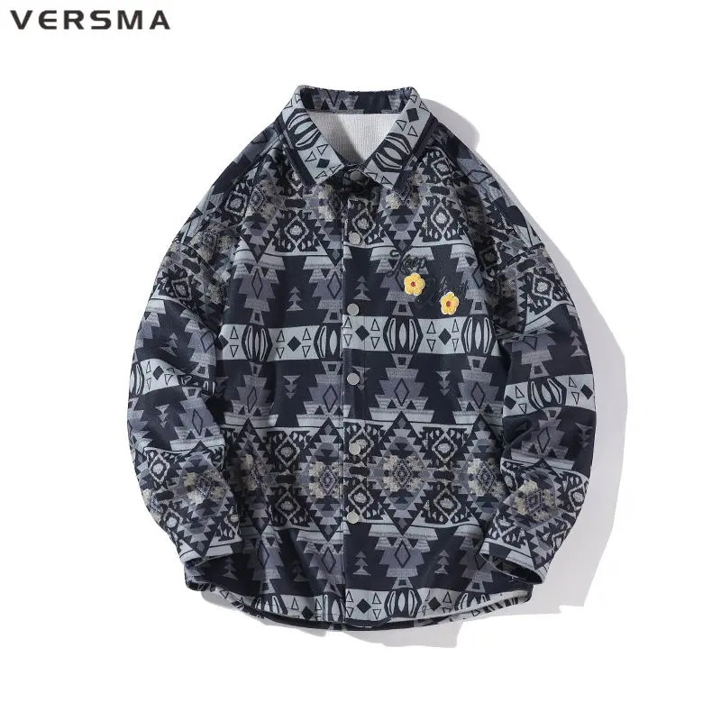 VERSMA Japanese Stylish Personalized Flower Print Geometric Shirt Men Autumn Hip Hop Unisex Motorcycle Shirt Women Dropshipping