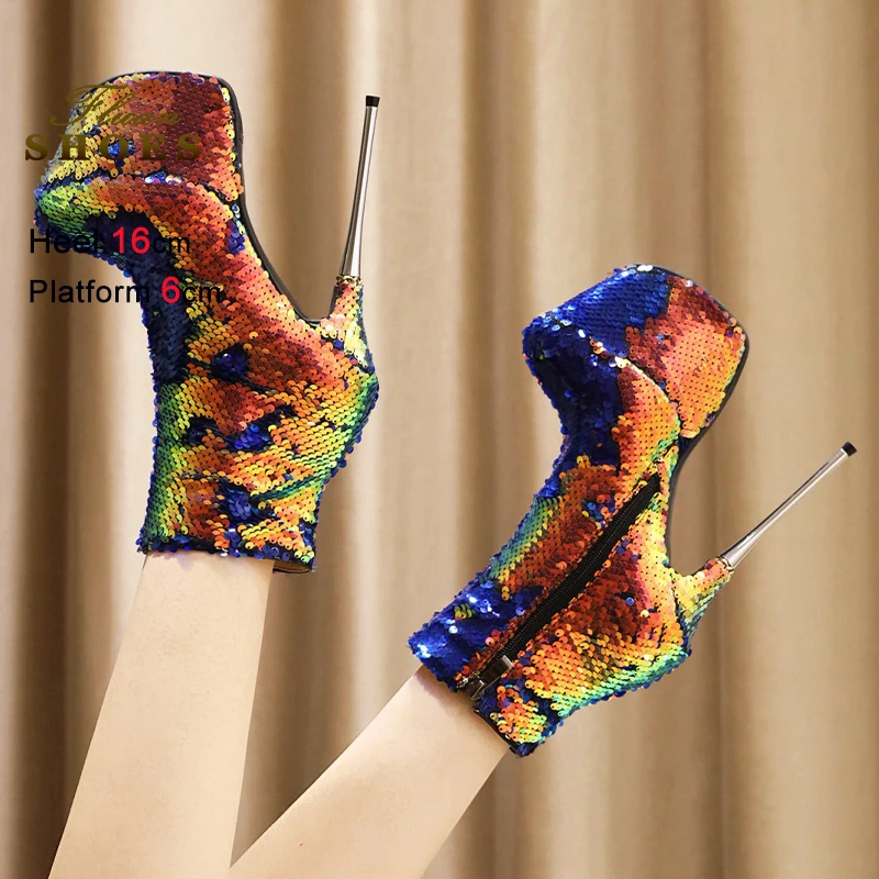 

Тонкие каблуки 16 см, осенне-зимние женские ботильоны с золотыми пайетками, платформа 6 см, боковая молния, женские ботинки, обувь для танцев на пилоне CD