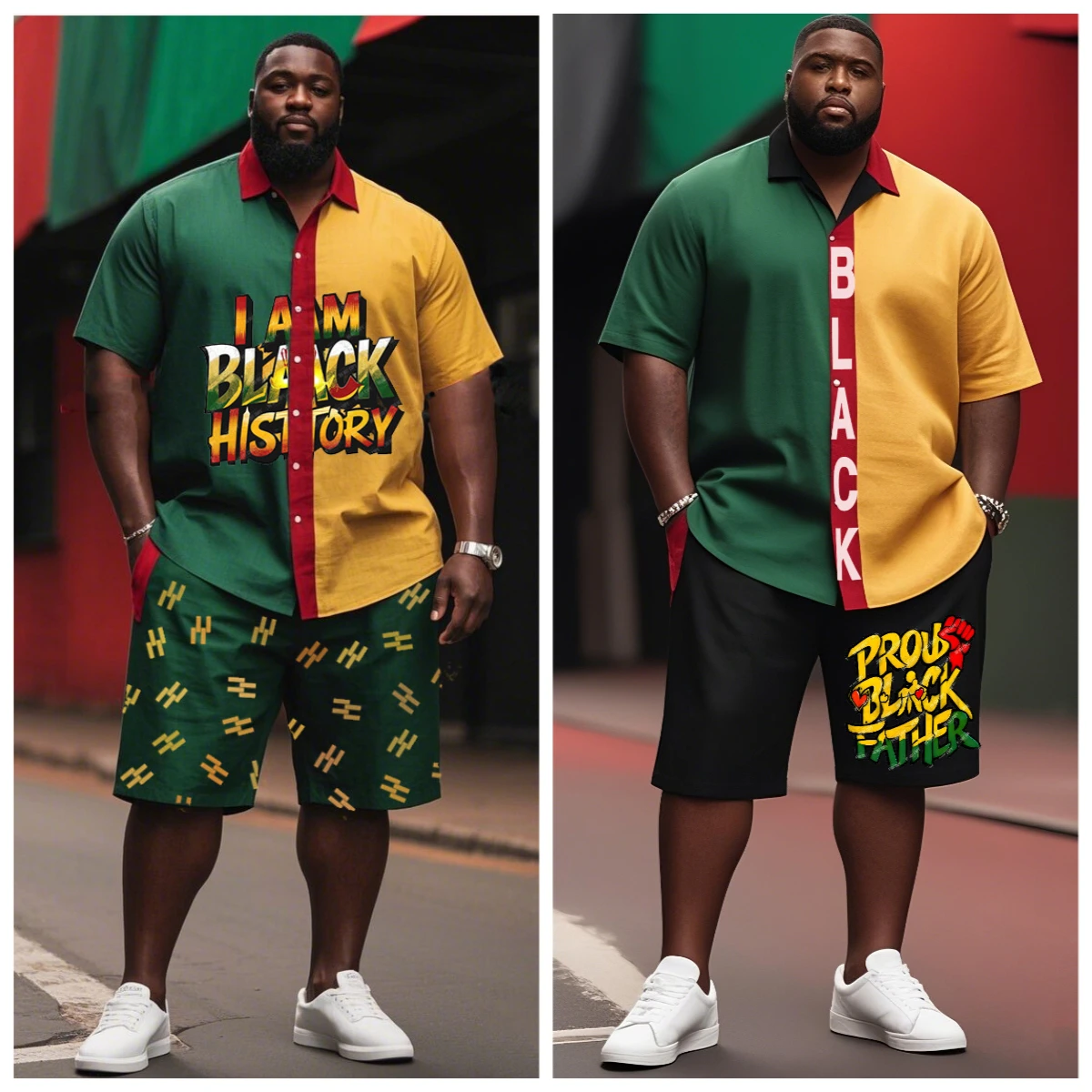 

S-9XL Big and Tall Men Juneteenth Split Color Black History Print Oversized Shirt Shorts Set Multi-Design Casual 2-Piece Outfit