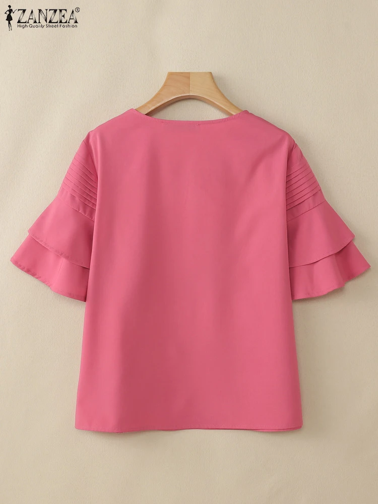 2025 ZANZEA Blusas de verano para mujer, Tops elegantes de trabajo de manga corta, camisa de vacaciones con diseño plisado elegante, Blusas holgadas informales con cuello redondo