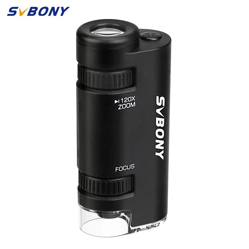 SVBONY SV603 Pocket Microscope 60x-120x Stepless Zoom One-key Light Start Portable Handheld Microscope for KIDS outdoor