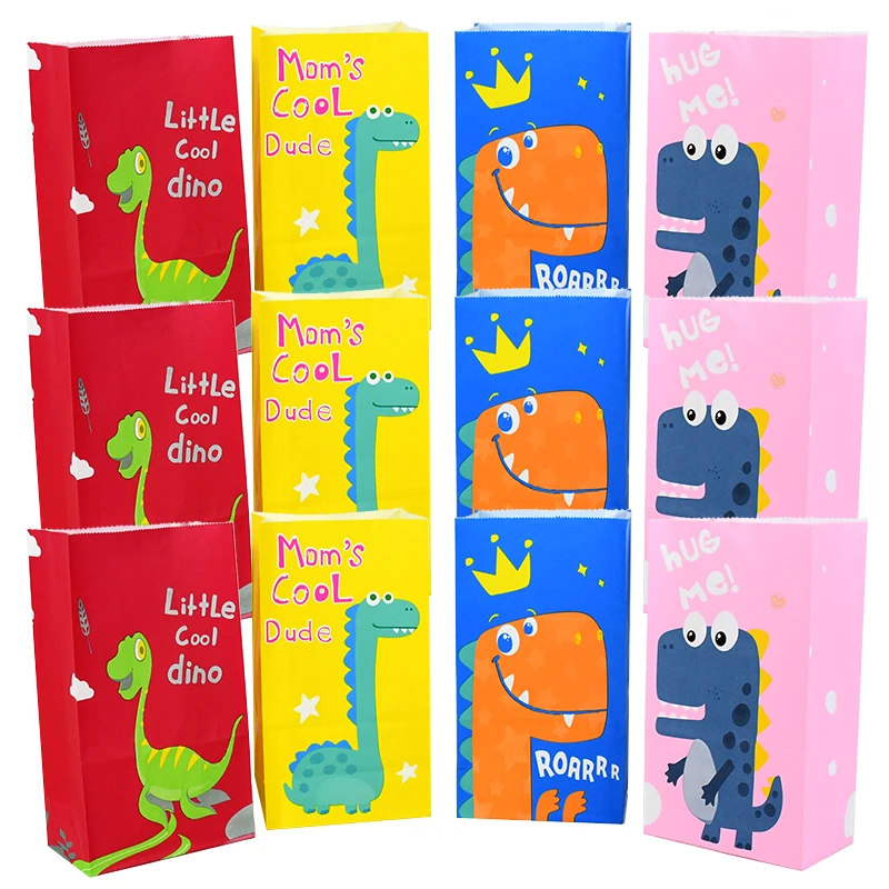 

10pcs Cartoon Dinosaur Gift Bags Kids Jungle Party Supplies Baby Shower Birthday Cookie Candy Packaging Treat Open Top Paper Bag