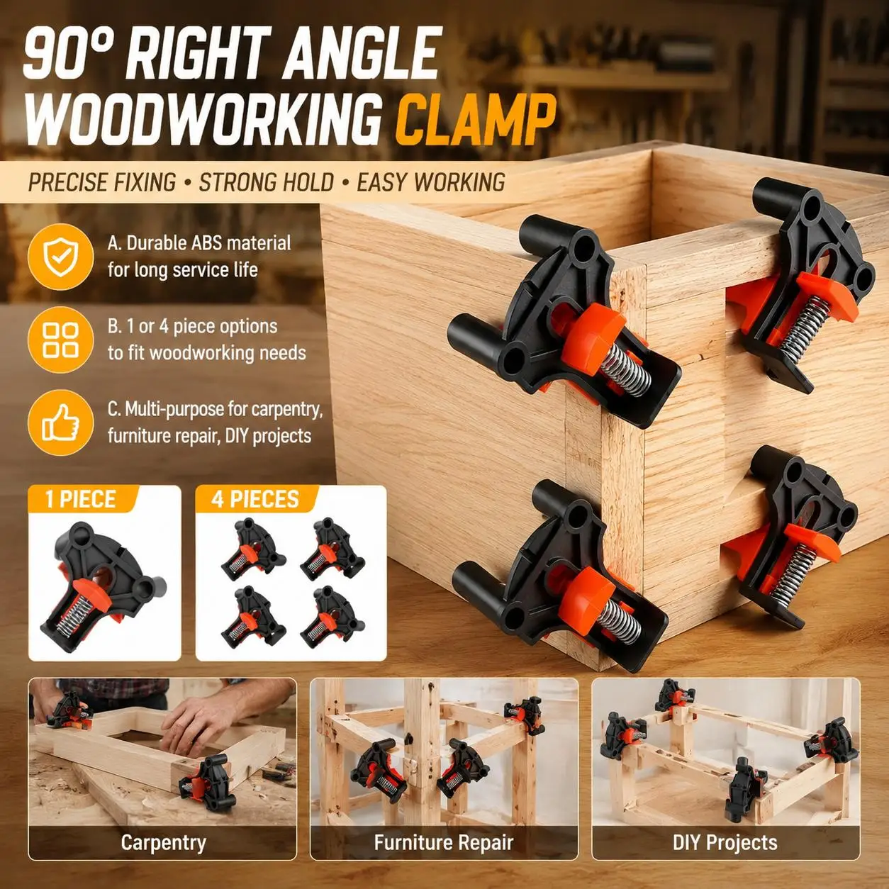 Premium Woodworking Carpentry 90 Degree Right Angle Corner Clamp Kit for Cabinet Assembly Photo Frame Furniture Repair Adjustable Precision Positioning Fixture Heavy Duty Aluminum Wood Holder Hardware Tool Set