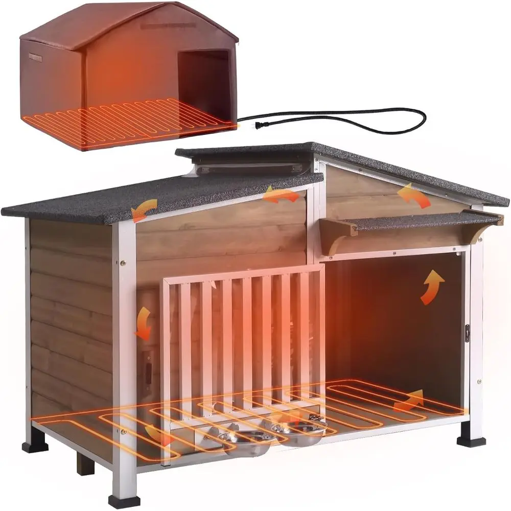 

Outdoor Heated Dog Kennel with Metal Chew-Proof and Rotating Bowl, Ideal for Small to Medium Dogs, 39.7x25.5x32.2 (Light Brown)