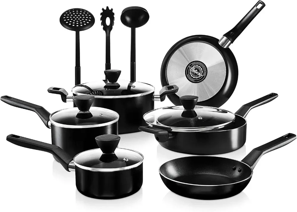 13 Pcs. Nonstick Kitchen Cookware PTFE/PFOA/PFOS-Free Heat Resistant Kitchenware Set w/Saucepan, Frying Pans, Cooking Pots