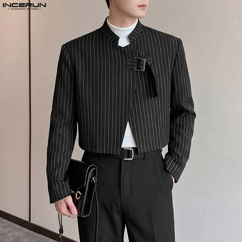 INCERUN Men's Striped Blazer Stand Collar Long Sleeve One Button Crop Blazer For Man Streetwear 2026 Fashion Casual Male Suit