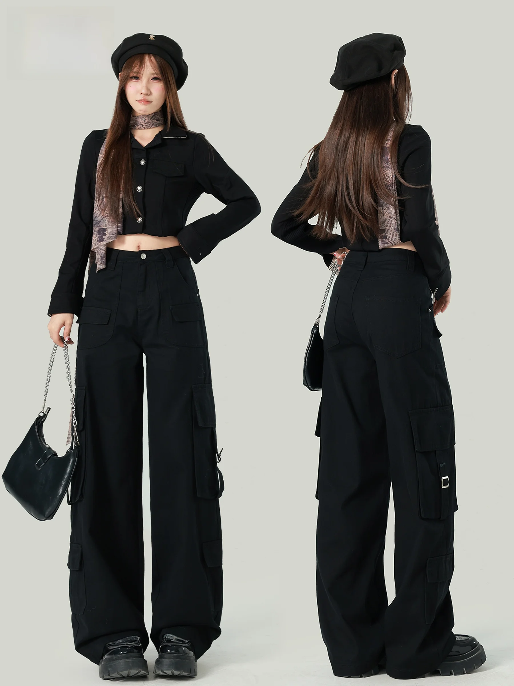 

Рабочие брюки в американском стиле с высокой талией и множеством карманов, женские свободные повседневные брюки с широкими штанинами, осенний новый стиль, эффект похудения