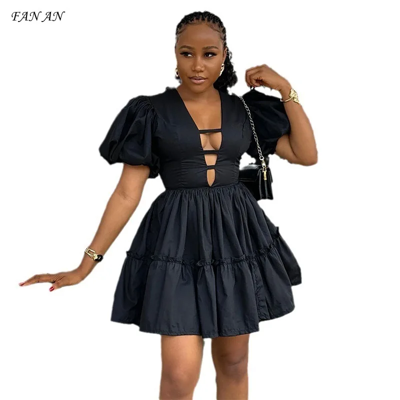 

Women's 2024 Summer Pre-fall New Fresh Sweet V-neck Bubble Sleeve High Waist Slim Patchwork A-line Dress Women's Short Skirt