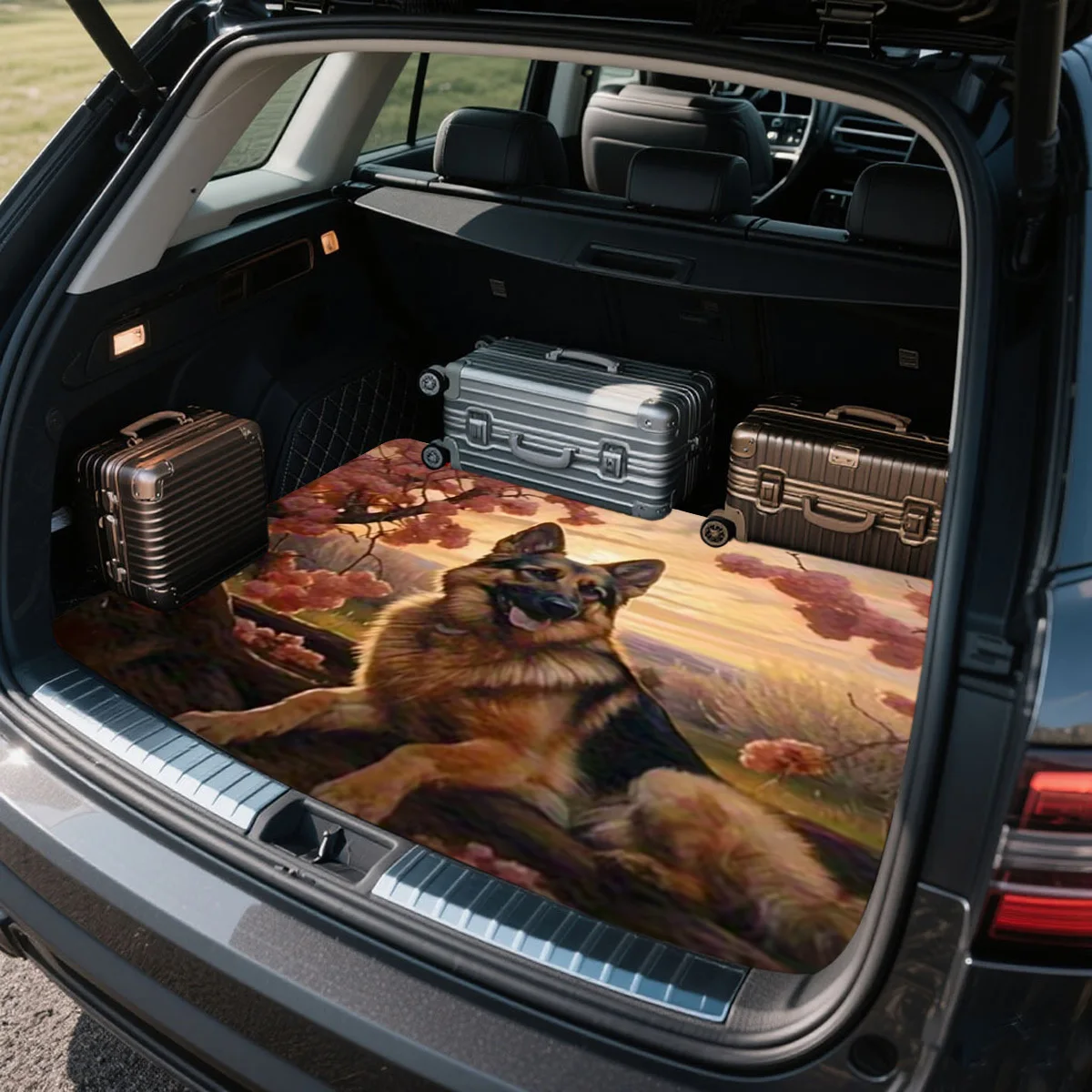 1pc German Shepherd And Cherry Blossom Patterned Trunk Mat - Suitable For Most Car Models, Measuring 29.53X39.37 Inches, Made Of