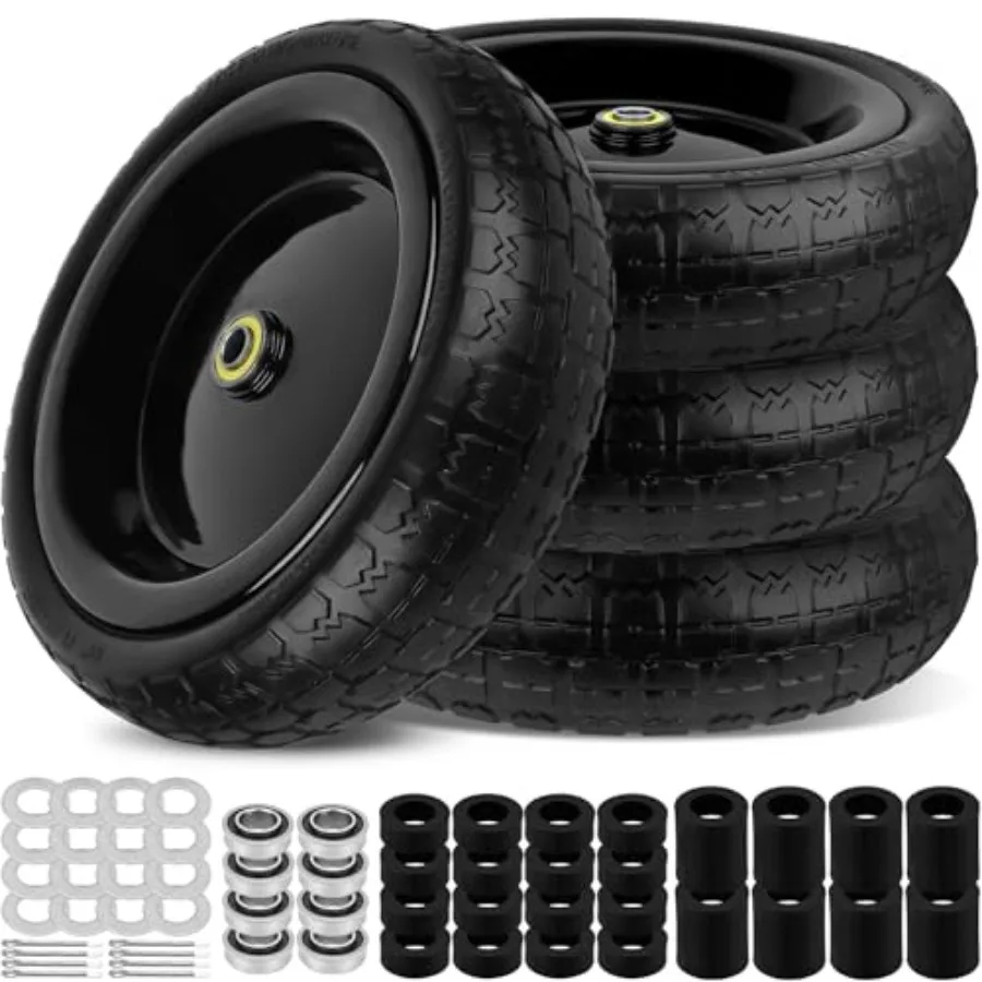 

13 Inch Flat Free Wheels Tires 4.00-6 Solid Replacement with Universal 5/8" Axle Bore Hole 16 Spacers and 8 Pins for Wheelbarro