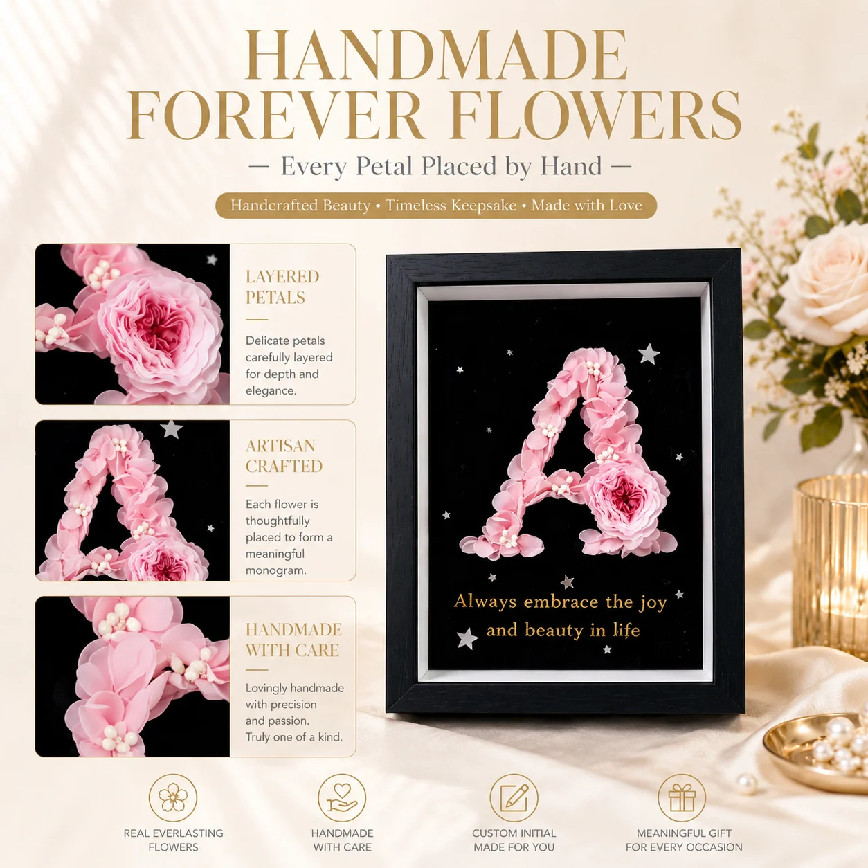 Custom Initial Preserved Rose Picture Frame Embroidery Custom Text Personalized Keepsake Gift For Women Birthday Home Wall Decor