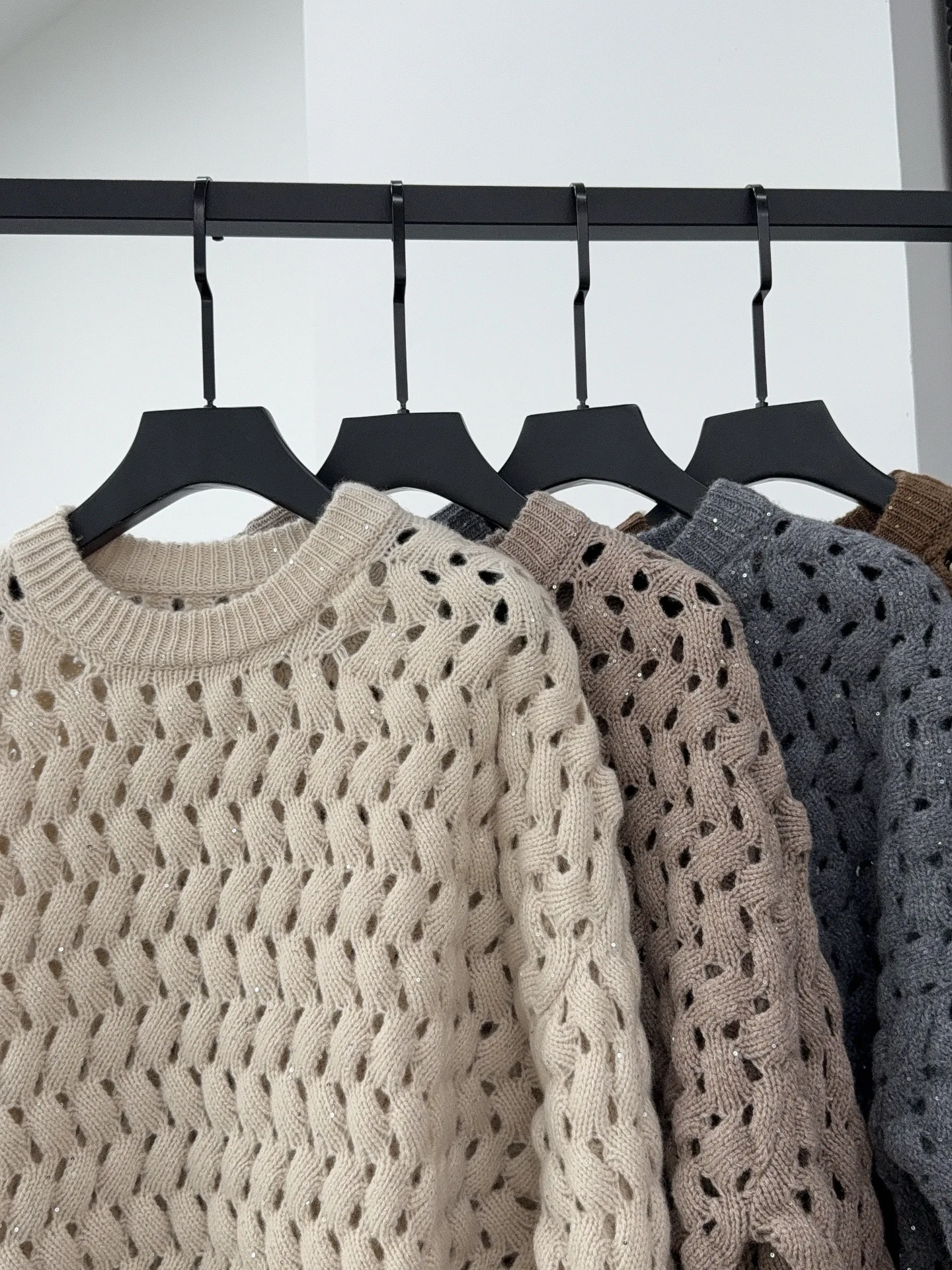 Women's Autumn Wool Knit Sweater with Crew Neck, Sequins, Cut-outs, and Drop-Shoulder Sleeves