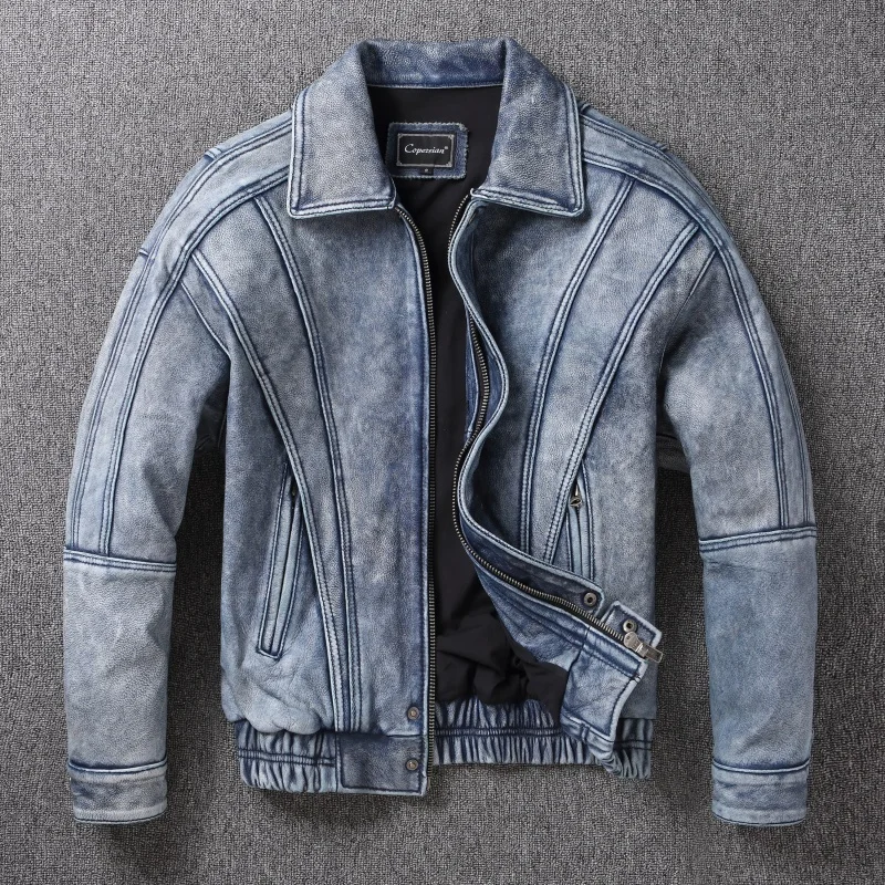 

2025 Новая роскошная куртка унисекс из воловьей кожи - короткое кожаное пальто свободного кроя в байкерском стиле