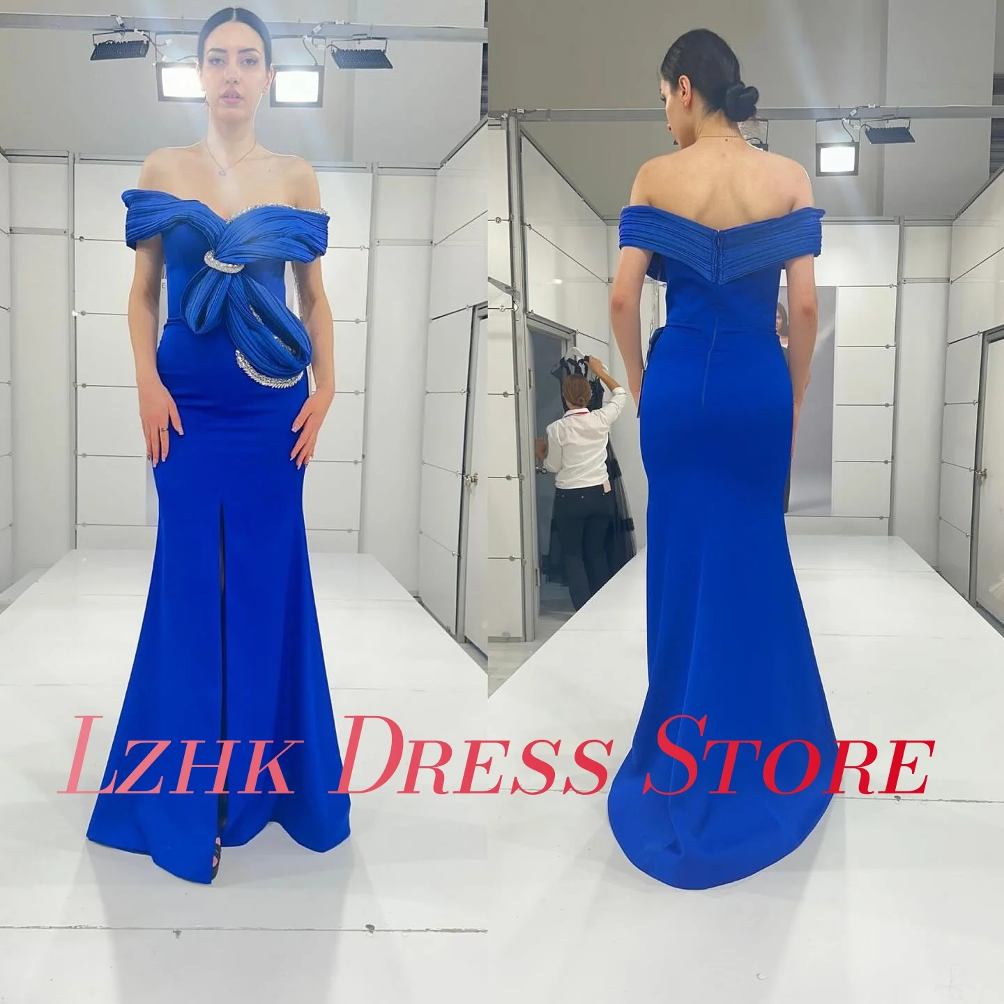 カスタマイズされたセクシーなジャージマーメイドオフショルダークリスタルイブニングドレス高品質半袖フロアレングスウエディングドレス