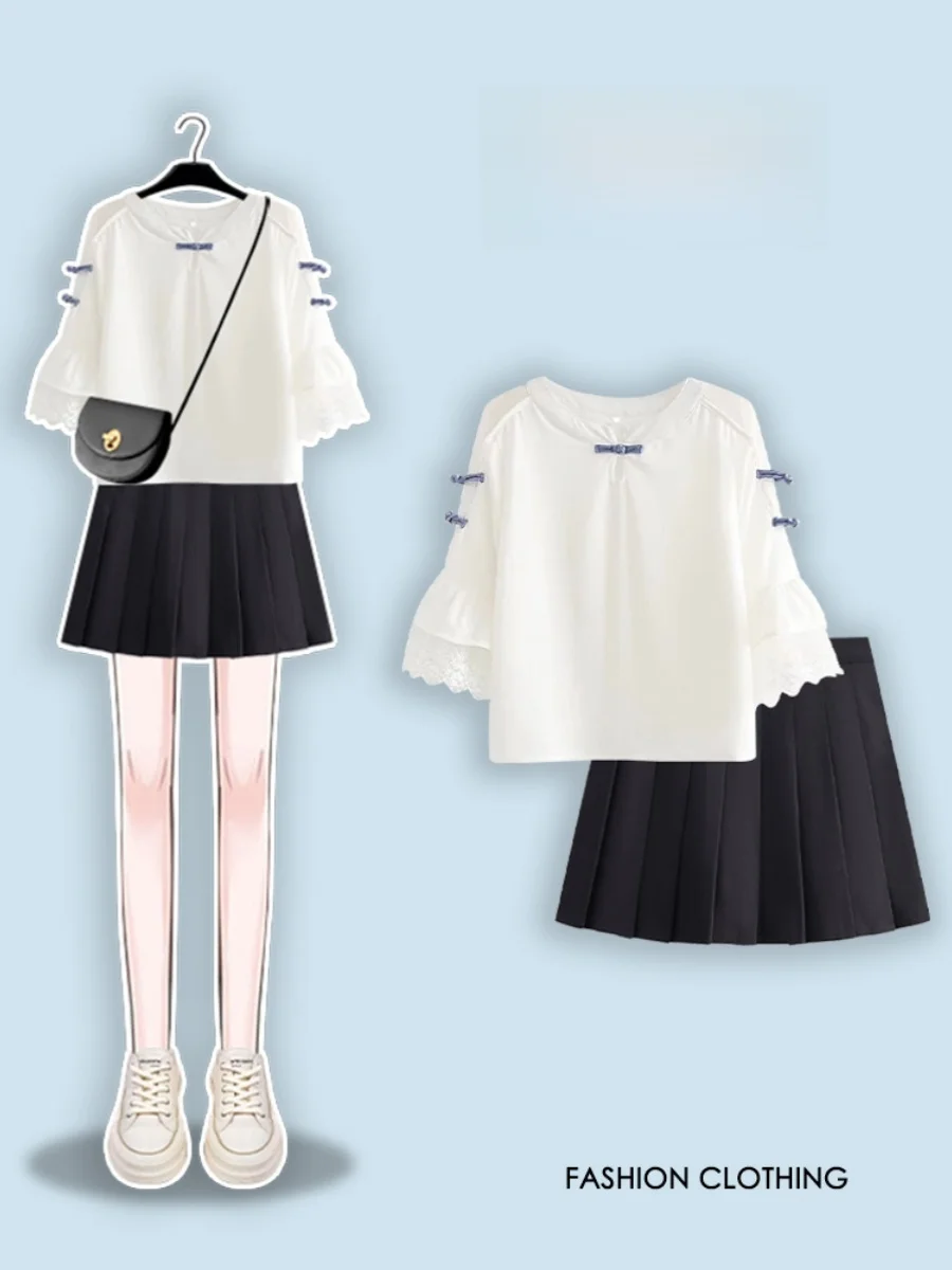 

Slimming plus Size Women's Faion Set Sexy Bla Skirt White Top New Chinese Sle ort Sve round Ne Two-Piece Suit