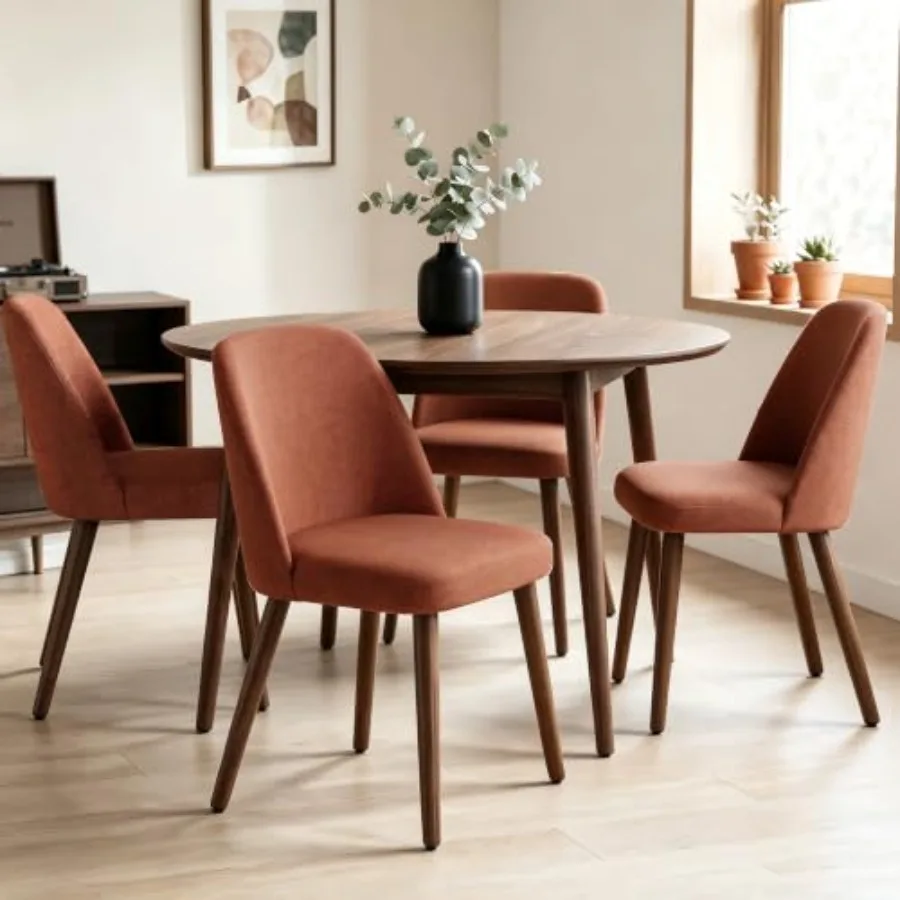 Upholstered Dining Chairs Set of 4 for Kitchen Use, Wood Frame with Fabric Upholstery, Neutral Beige Color, Comfortable Cushion