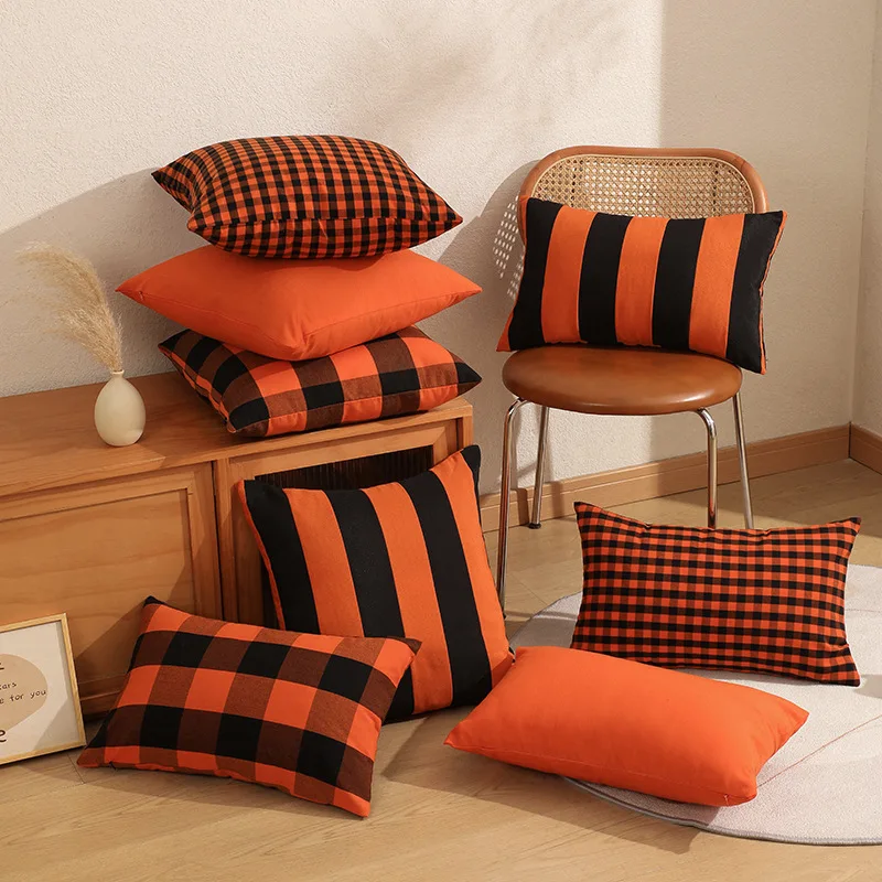 

30x50/45x45cm Simple Orange Plaid Halloween Pillow Case Cotton Decorative Pillows for Sofa Stripe Throw Pillowcase Cushion Cover