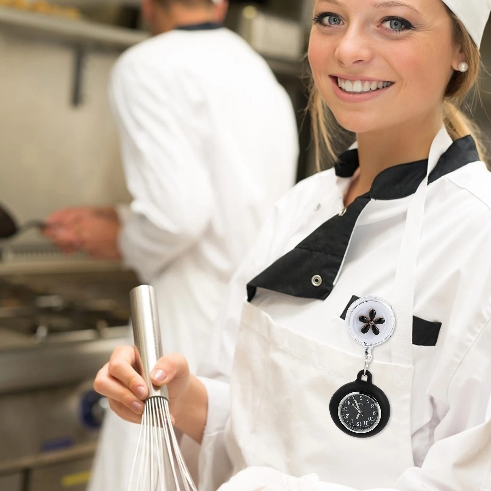 Orologio da tasca sul petto retrattile, specchio in vetro, materiale in lega di quarzo, orologio con motivo floreale sospeso