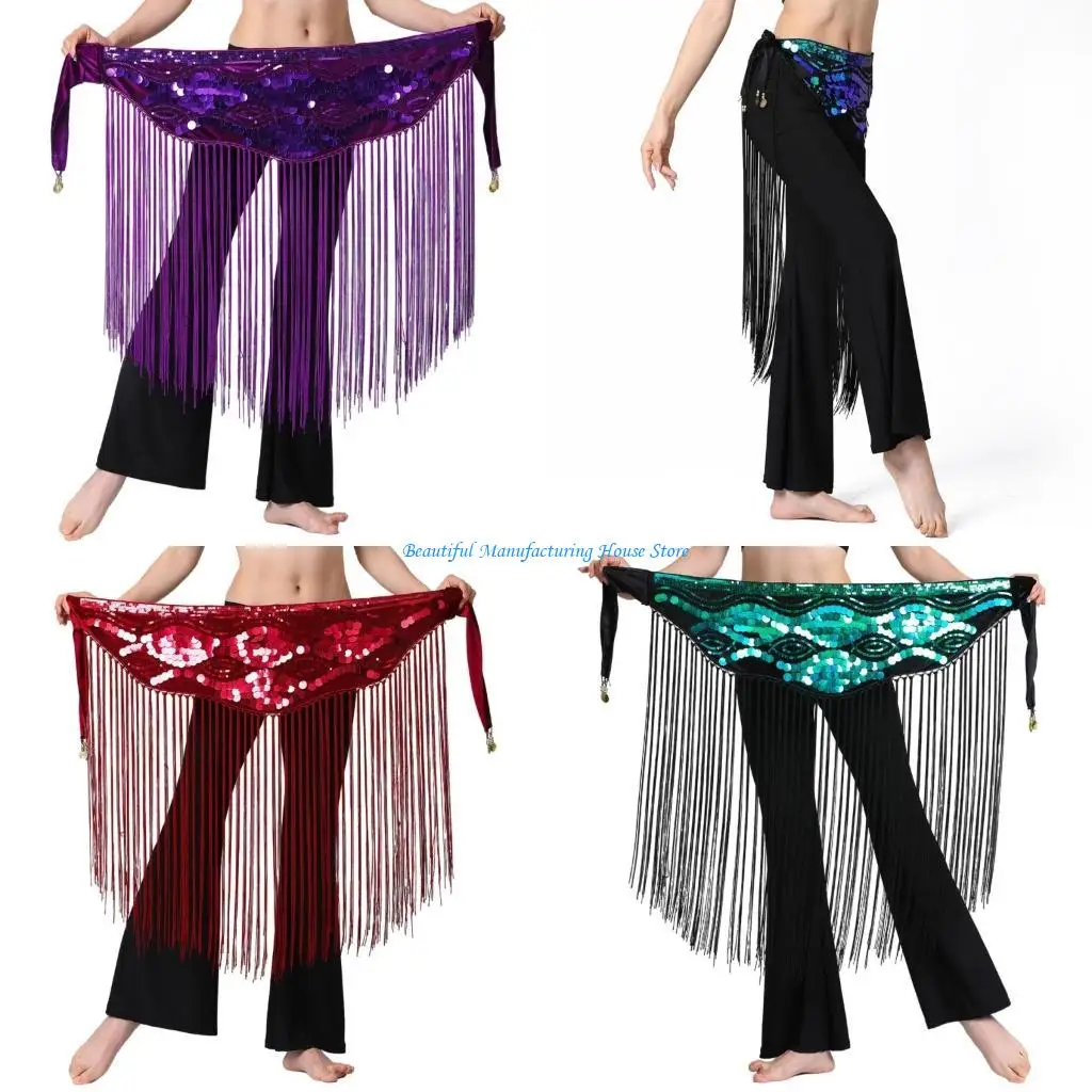 E56A Shimmering Sequined Waist Band Belly Dancer Hip Wrap Hip Scarf for Yoga Classes