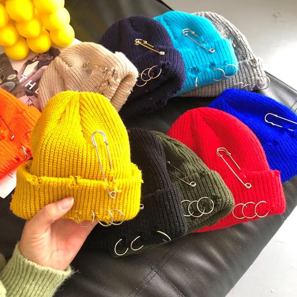 

Autumn And Winter Ripped Paperclip Hat Ins Korean Retro Pure Color All-Matching Thickened Thermal Knitting Woolen Cap Ripped Hat