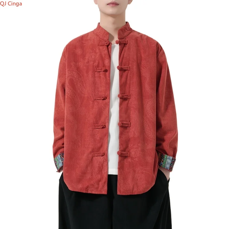 Retro-style Men's Black Long-sleeve Jacket with Chinese Dragon Motif, Single-breasted Stand-up Collar Coat.pink,Red,Apricot Top.