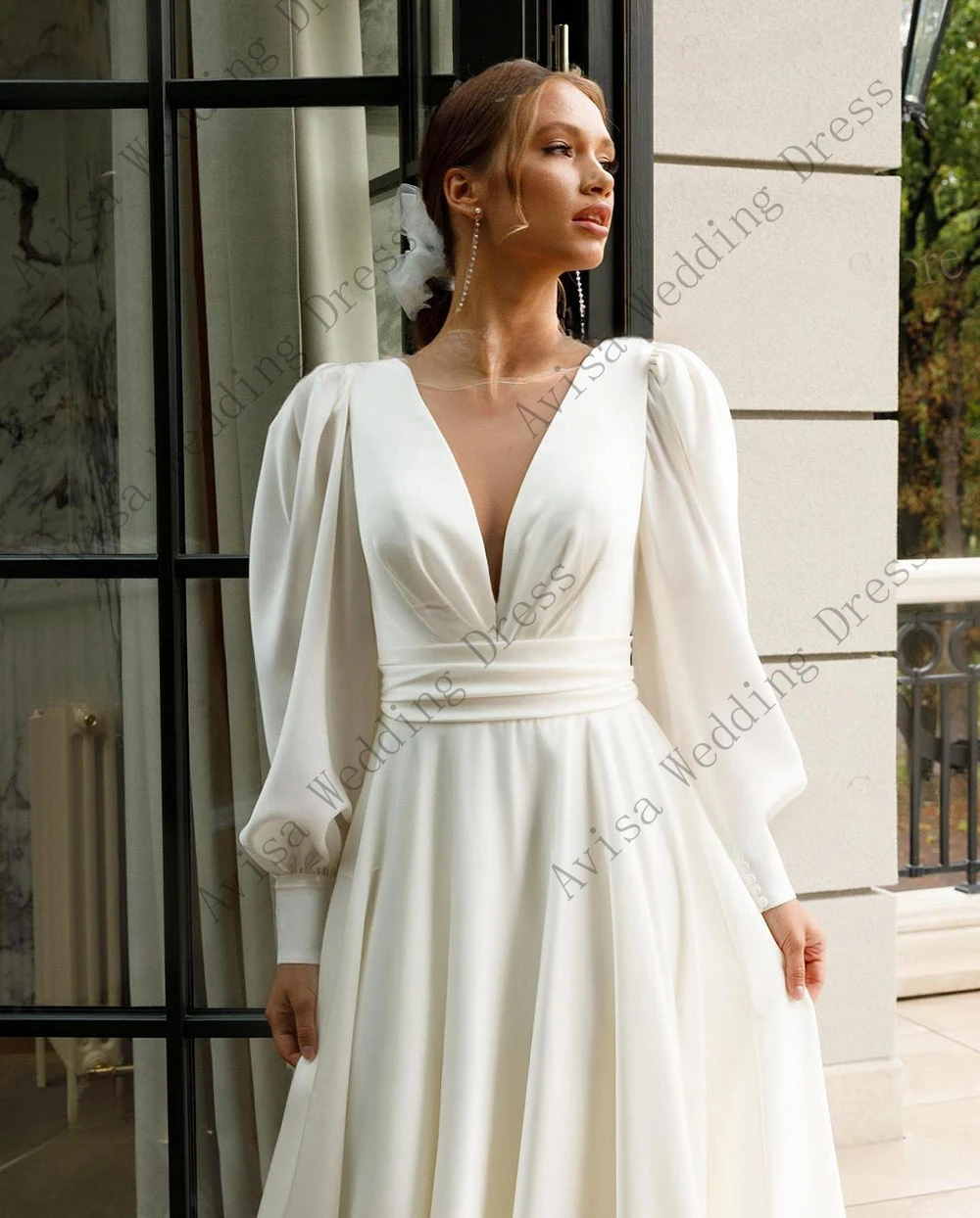 Simple Deep V Neck Wedding Dress New Long Puff Sleeves Backless Bride Gowns Satin A Line Floor Length Vestidos Novias Boda