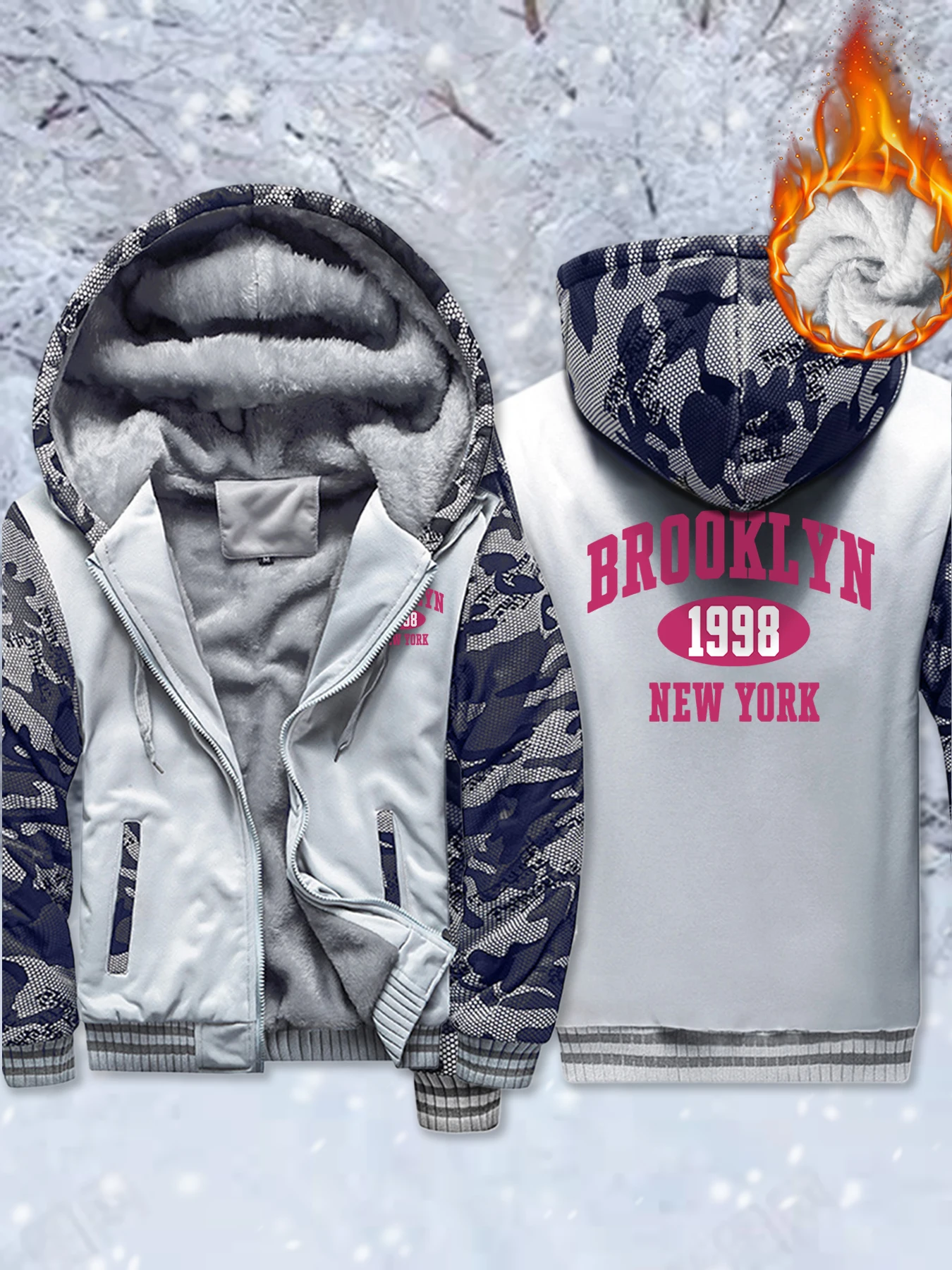

New York Brooklyn 1998 Pattern Thicken Jackets Mens Oversized Hip Hop Coats Zipper Fleece Hoodies Soft Winter Sportswear