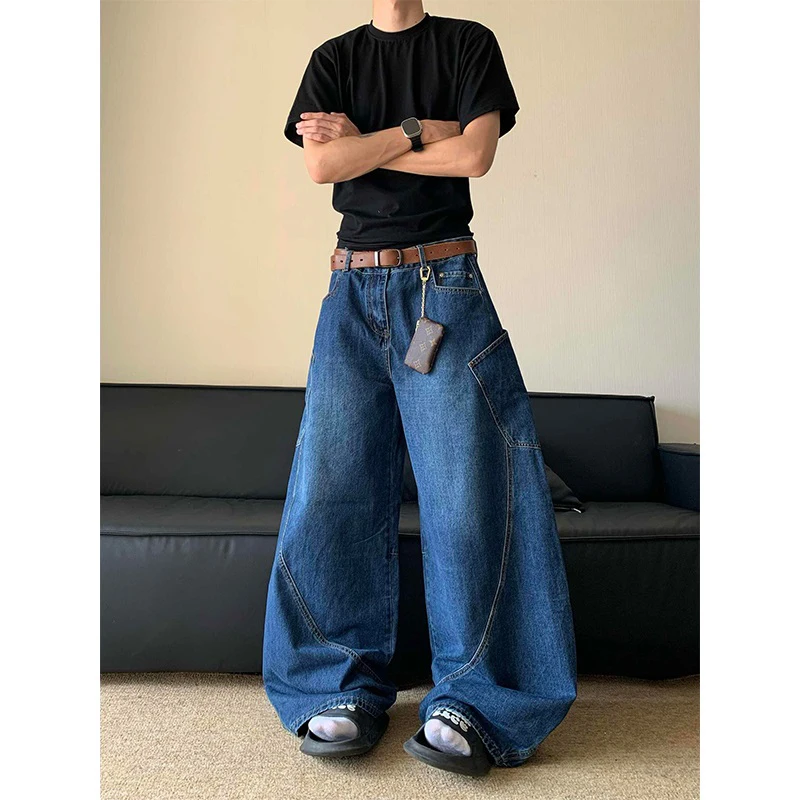 

Retro Design Large ket Deep Blue Knife Jeans Men's Loose Wide Leg Embroidered Floor Length Trendy Casual Jeans
