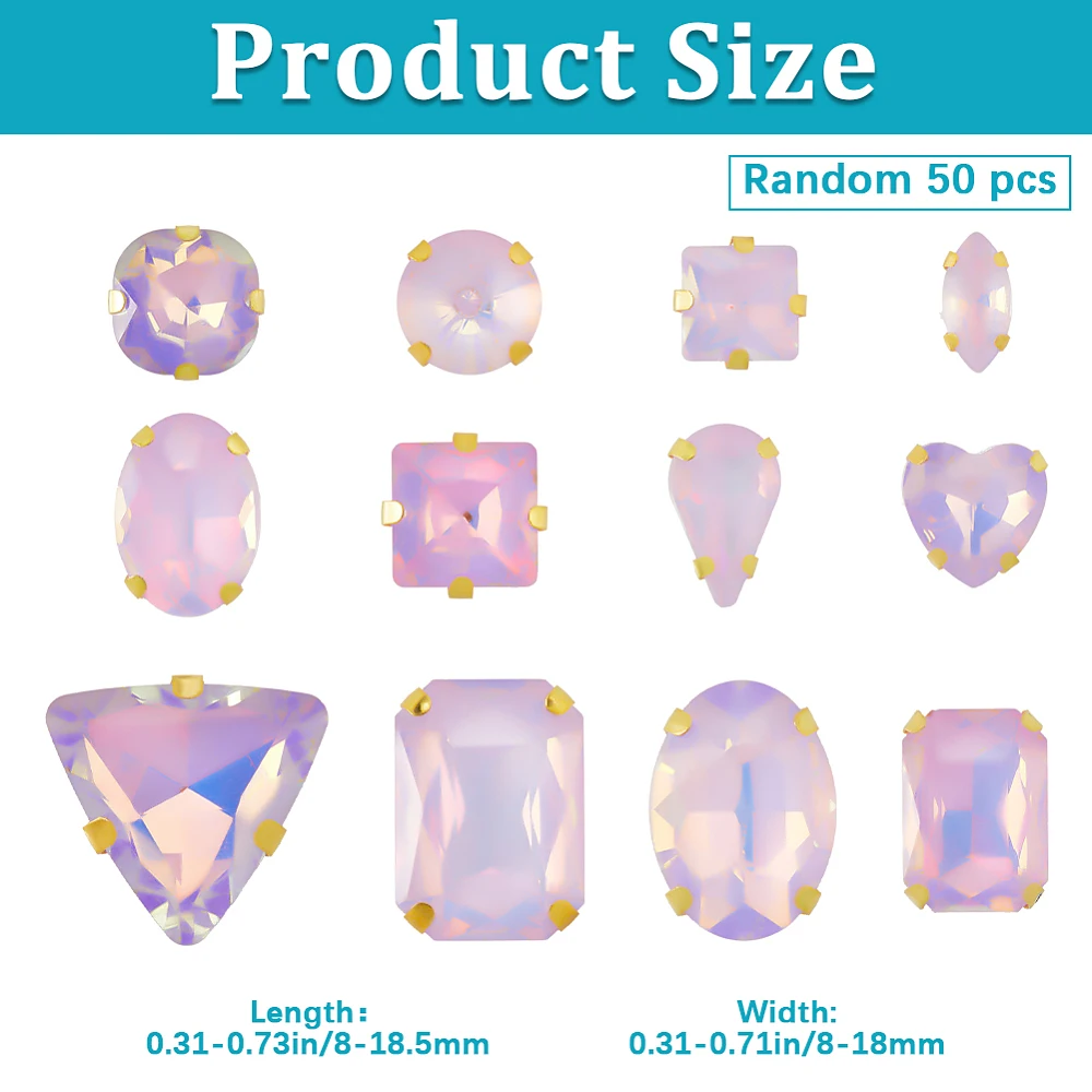 50Pcs Sew On Rhinestone Mixed Shapes Sewing Gems Light Purple Flatback Clear Glass Rhinestones with Gold 4-Claws for DIY