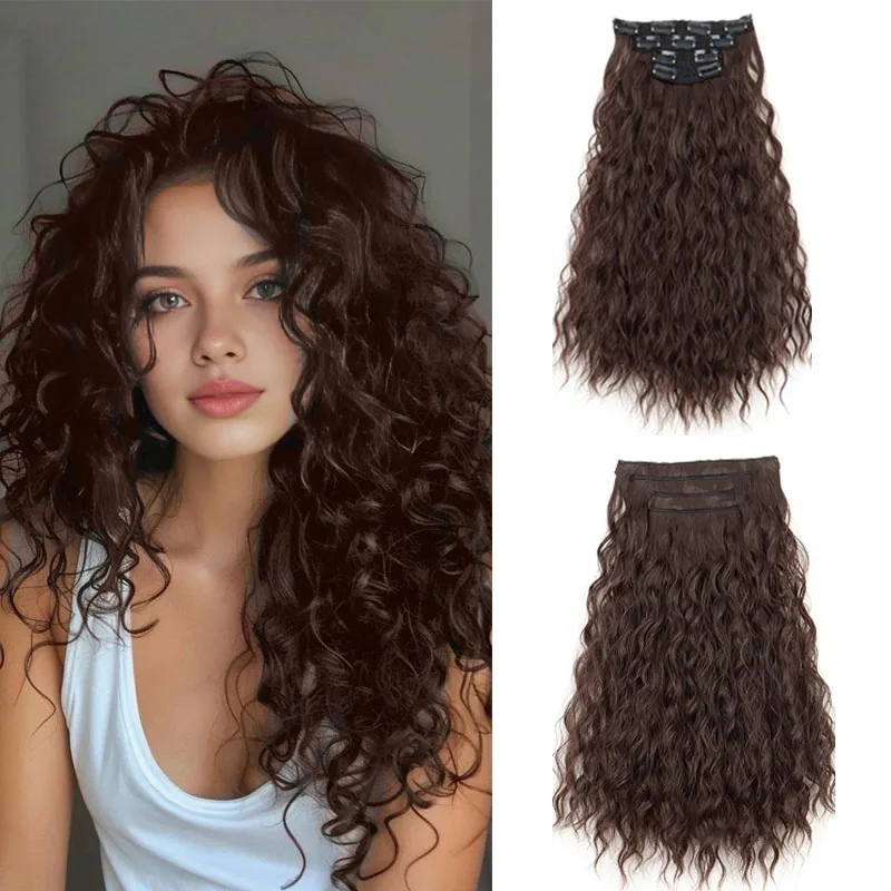 

Synthetic 4-piece Set Long Water Ripple Hair Extension Clip In Woman's Hair Soft Natural Curly Fashion Hair Accessories