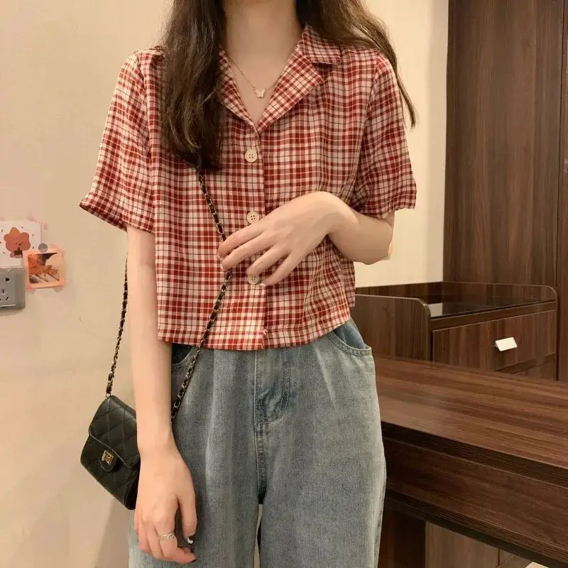 

Women Clothing Summer Casual Korean Fashion Loose Buttons Single Breasted Plaid Short Sleeve Preppy Style Intellectual Generous