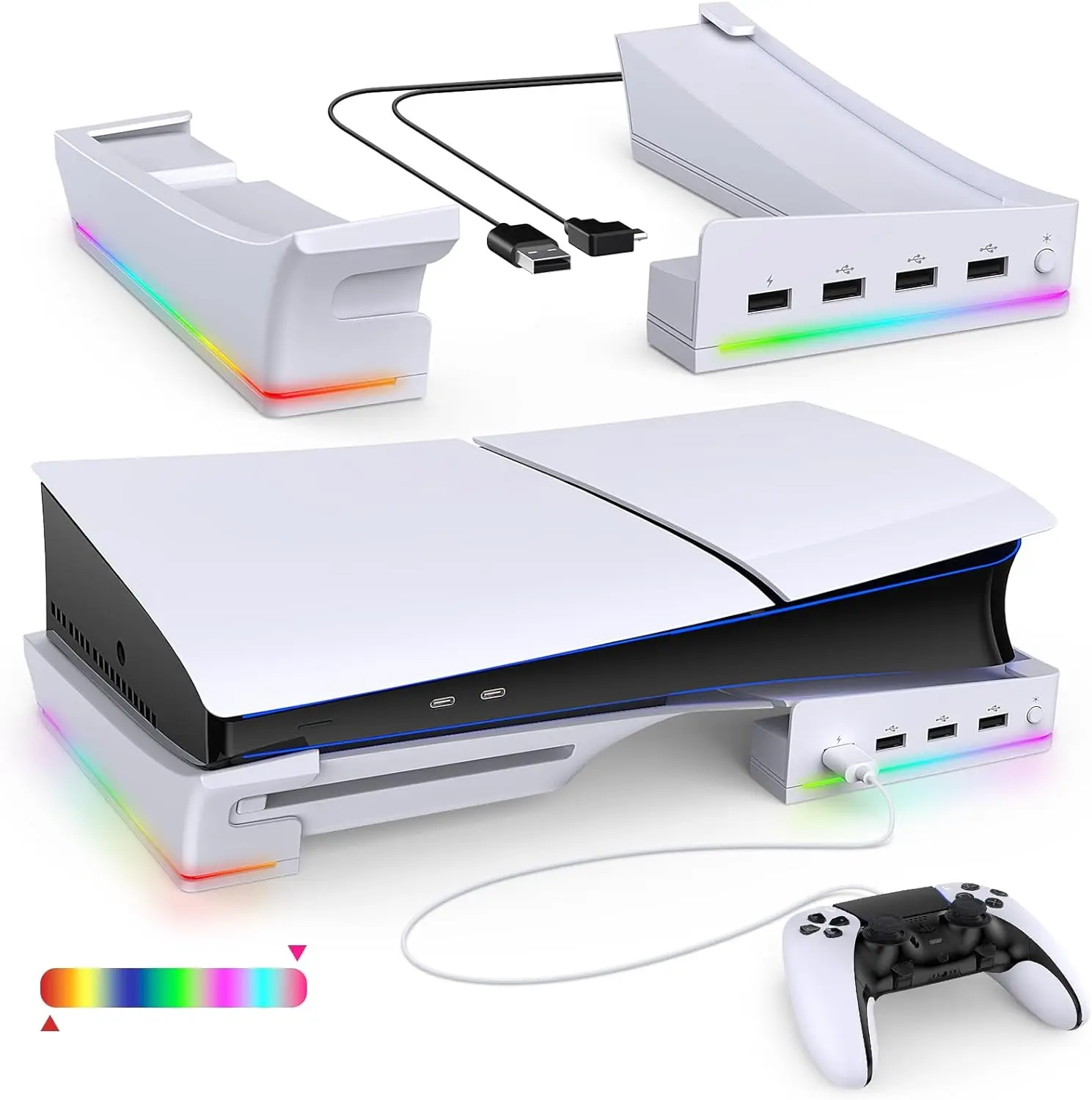 

Горизонтальная подставка с RGB LED-подсветкой для консоли PS5 Slim, аксессуары для подставки-держателя с 14 режимами освещения и 4 USB-портами.
