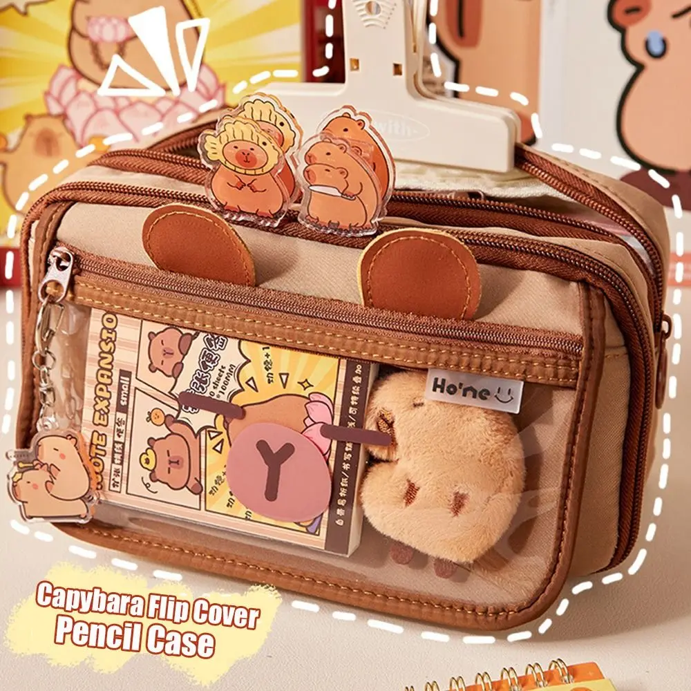 

Cute Capybara Pencil Case Large Capacity Flip Cover Stationery Case Multi-layer Pen Bag Office School