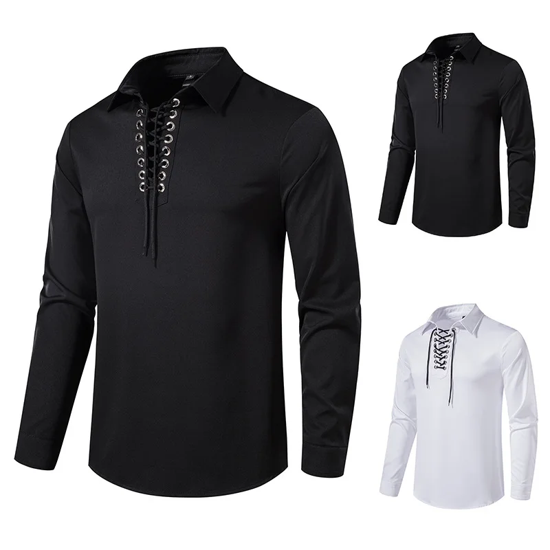 Men's Long Sleeved Shirt with Collar and Drawstring, Casual Solid Color, Medieval Shirt, Trendy Men