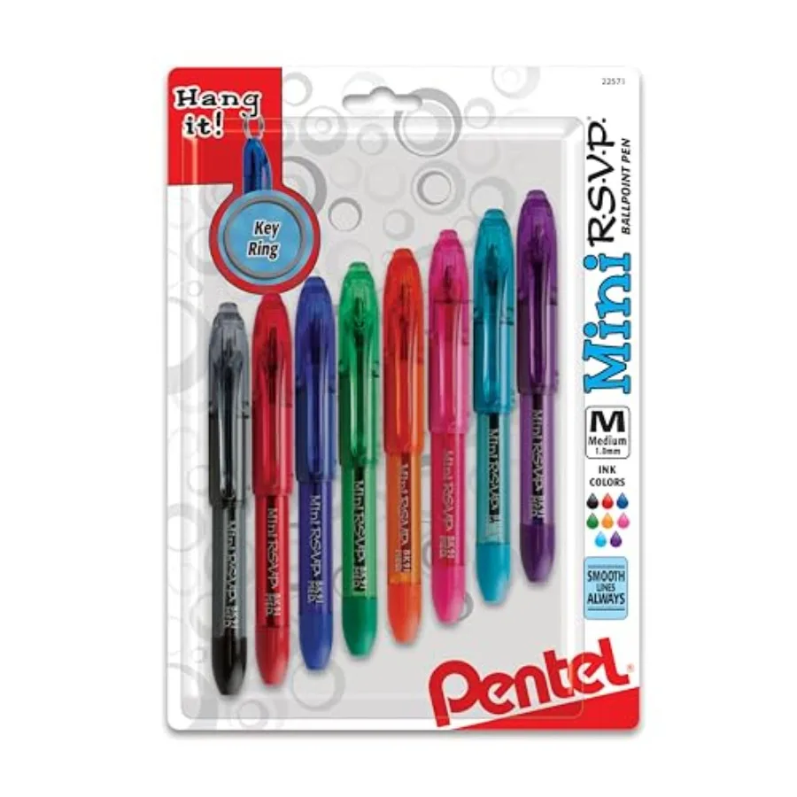 

RSVP Mini Ballpoint Pen, 1.0mm Medium Line, Ink (A/B/C/D/F/P/S/V) w/Key Ring, 8-Pk (BK91MNBP8M