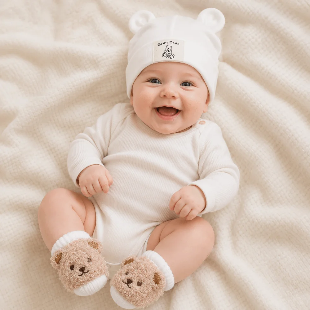 2Pcs/Set Cute Cotton Baby Hat Socks Set Soft Breathable Bear Ear Beanie Warm Cartoon Prewalker Socks for Newborn - view 5